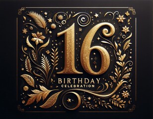 Elegant 'Sweet 16' Birthday Celebration Card with Gold Floral Designs - Powered by Adobe