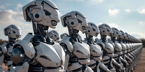 Killer robots for future warfare. An army of cyborgs outdoors in the field. The concept of future warfare