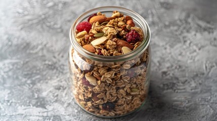 Mixture of oats nuts and berries in a glass jar Homemade granola for vegan breakfast Nutrition concept with space for text