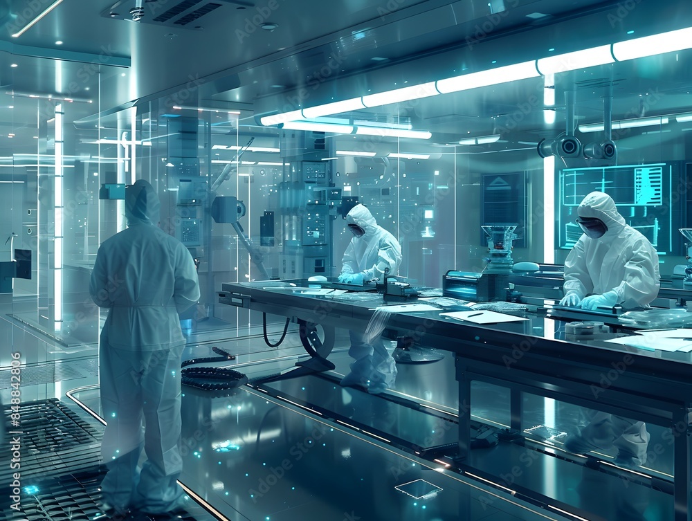 Poster cutting edge futuristic laboratory with scientists conducting advanced technology research and exper
