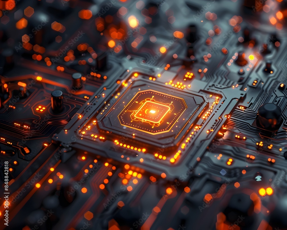 Poster intricate quantum computer with glowing circuits and powerful technology concept