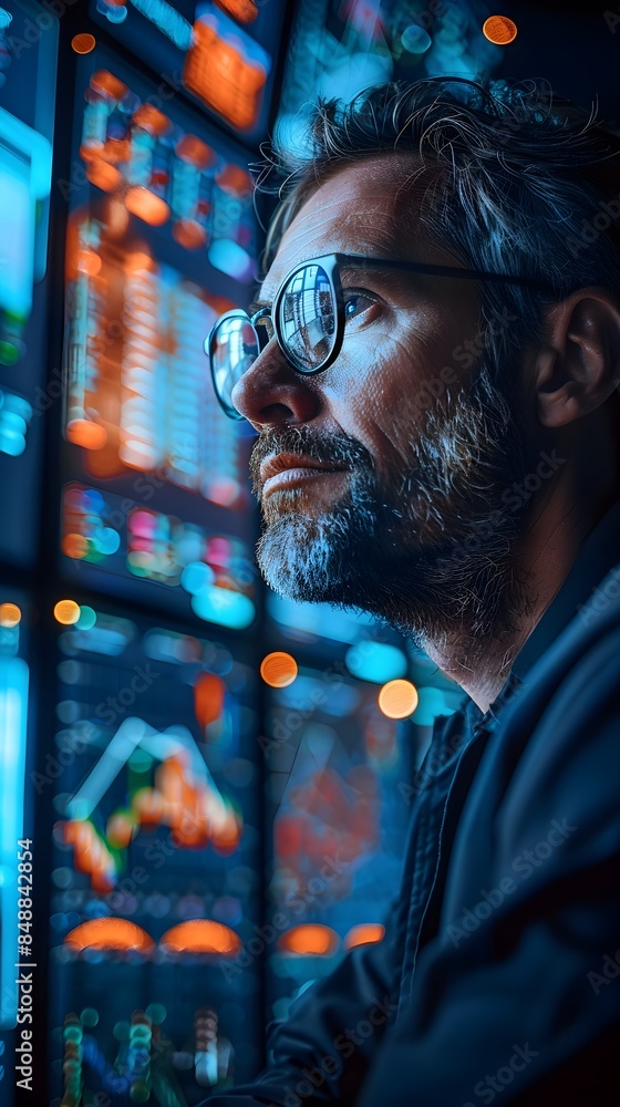 Poster cybersecurity expert closely monitoring multiple screens for network activity and security
