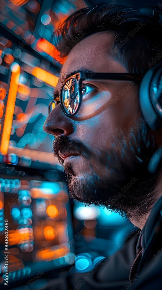 Poster cybersecurity expert monitoring a high tech network on multiple screens