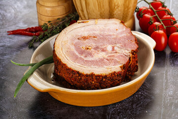 Tasty and fat smoked pork belly