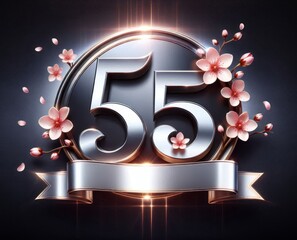 Elegant 55 metallic emblem with cherry blossoms and ribbon on dark background
