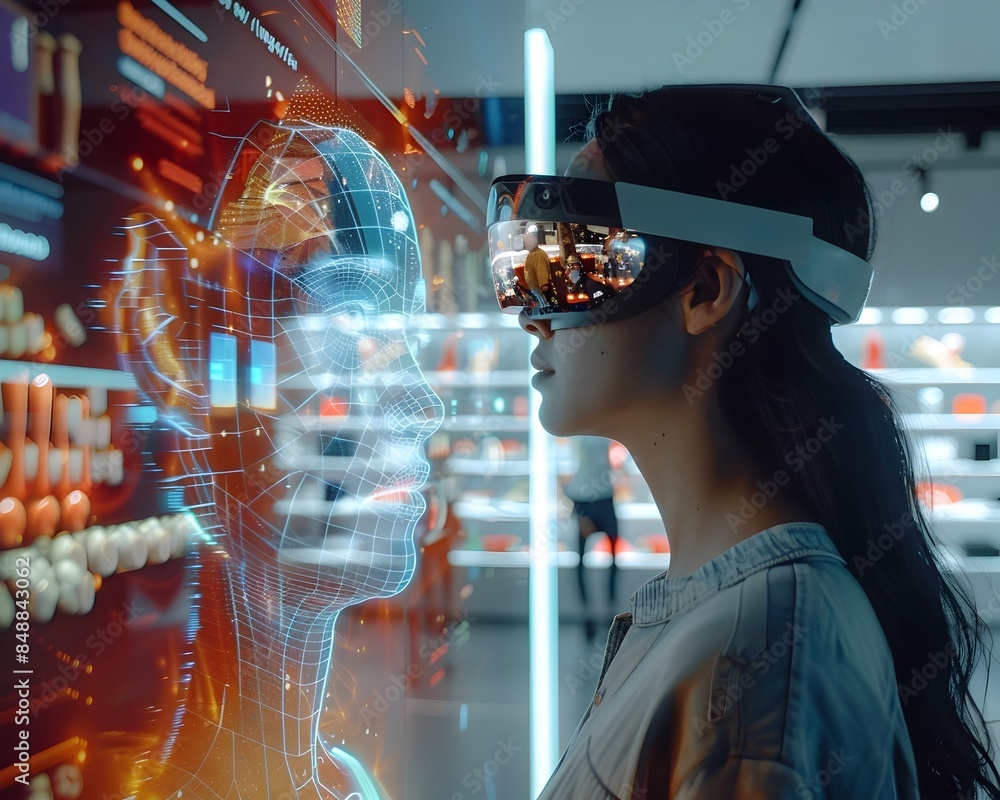 Poster augmented reality shopping experience with futuristic customers trying products virtually in immersi