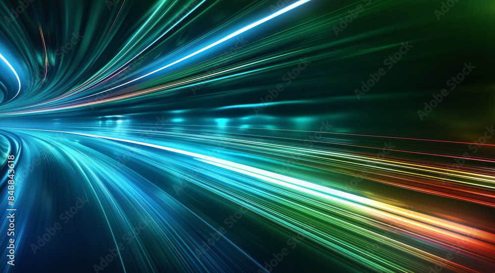 Fototapete The speed of green and blue light arcs from left to right, gradually changing to none. Green is the main color. Generative AI.