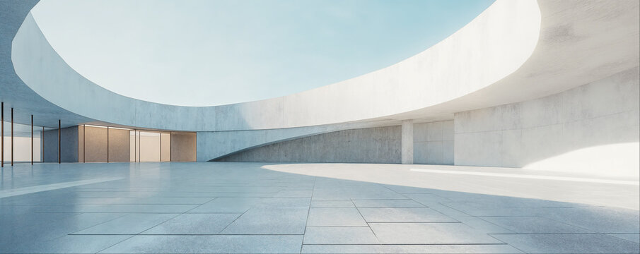 Empty minimal abstract architecture building interior or exterior concrete design open space floor courtyard white showcase area and curved walls museum, display showroom mockup environment background