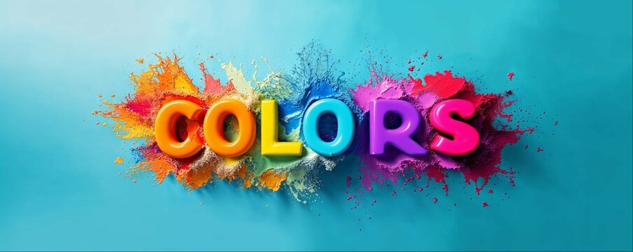 color palette gradient splash powder or paint explosion effect with the text letters of colors in 3d as wide commercial poster banner