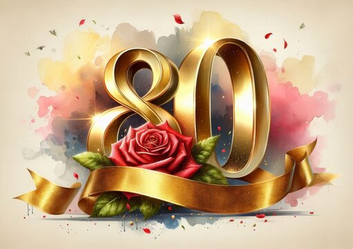 Golden 80th anniversary celebration with a rose and ribbon against a colorful background