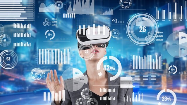 Woman pressing start opening VR analyze financial business at office uploading transform to interface digital infographic network technology virtual 3d animation meta programing at front. Contraption.
