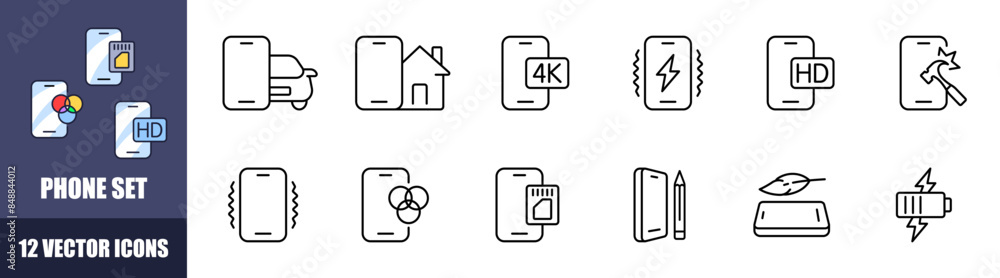 Poster phone set icons. phone functions icons. linear style. vector icons.