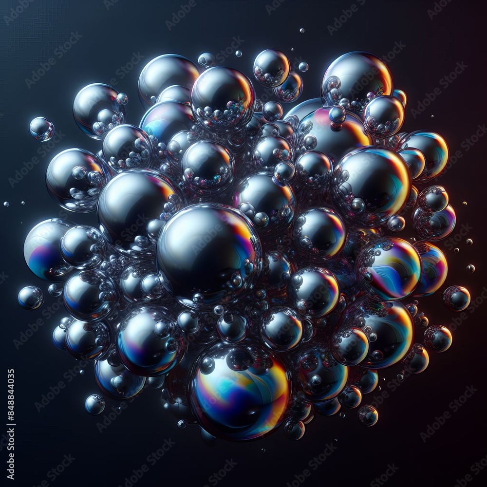 Poster A digital artwork featuring a cluster of metallic spheres with stunning iridescent reflections. The glossy surface and intricate arrangement create a visually compelling piece.. AI Generation