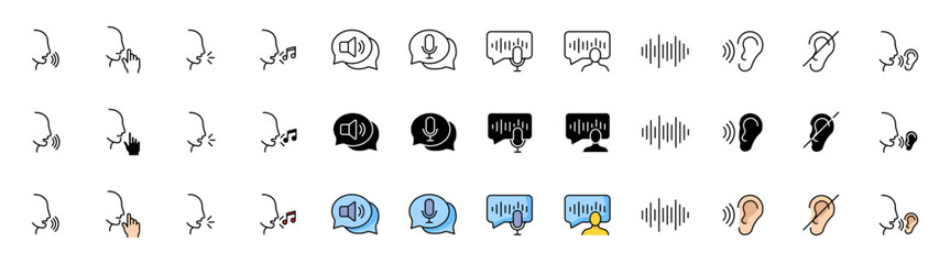 Audio message set icons. Message bubble icons. Linear, silhouette and flat styles. Vector icons.