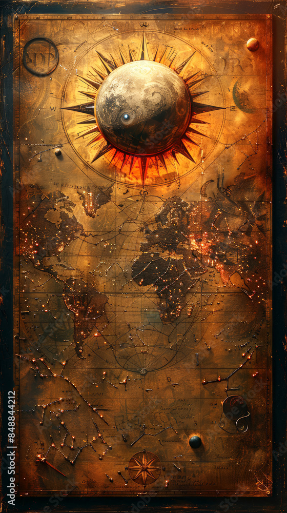 Canvas Prints rustic world map with a large sun and constellations overlay, suitable for vintage and exploration t