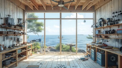 The seaside workshop is spacious and bright, with huge floor-to-ceiling glass windows, an all-wooden structure, a metal ceiling fan on the ceiling, neat tools on the wall. Generative AI.