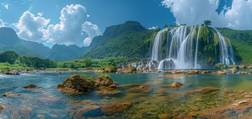 A stunning landscape photo of Ban Gioc Waterfall on the Quay Son River, showcasing the majestic beauty of nature with cascading water and lush green surroundings.