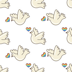 Peace flying dove with LGBT colored heart, seamless pattern.  70s retro clipart vector design.