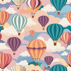 Fototapeta premium Seamless pattern of pastel hot air balloons drifting across a soft sunrise or sunset sky, symbolizing freedom and adventure, Generative AI