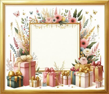 Elegant gift boxes with golden ribbons around a floral-framed blank space for personalized greetings