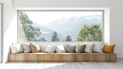 Modern Luxury Living Room with Empty White Seat and Side Cabinet, Decorated with Pillows, Overlooking Nature View