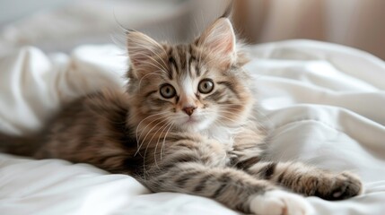 Comfortable Scottish kitten resting on white bed in cozy home