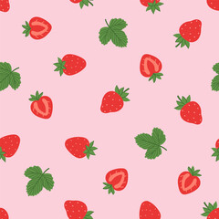 Seamless pattern with strawberries, halves and leaves. Vector graphics.