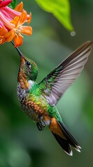 Fototapeta premium A vibrant and colorful hummingbird feeding on nectar, captured in a close-up shot. The bird's iridescent feathers shimmer in the sunlight as it hovers near a flower. This high-quality image showcases