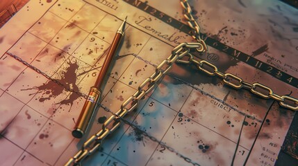 Pen and gold chain resting on a weathered calendar symbolizing deadlines, constraints, and the passage of time, evoking a sense of urgency.