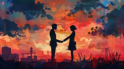 Obraz premium Romantic silhouette of a couple holding hands with a vibrant sunset sky background in an abstract art style.