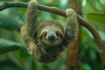 Fototapeta premium A baby sloth hanging upside down from a tree branch, with a slow and content expression. The background shows a tropical rainforest