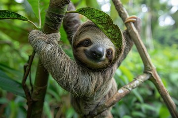 Fototapeta premium A baby sloth hanging upside down from a tree branch, with a slow and content expression. The background shows a tropical rainforest