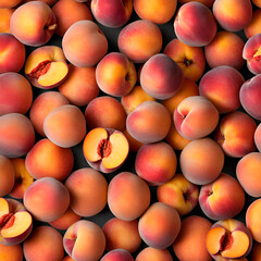 Creative background made of summer peaches, pattern top view. Food concept. Flat lay, copy space
