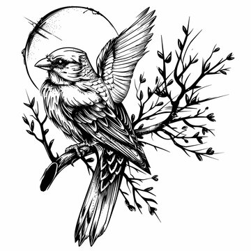 recommend clip art: A bird is perched on a branch with a moon in the background. The bird is black and white and has a sharp beak. The image has a serene and peaceful mood, with the bird