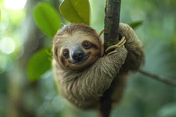 Naklejka premium A baby sloth hanging upside down from a tree branch, with a slow and content expression. The background shows a tropical rainforest
