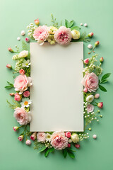 Delicate floral frame on pastel green background with blank card mock up.