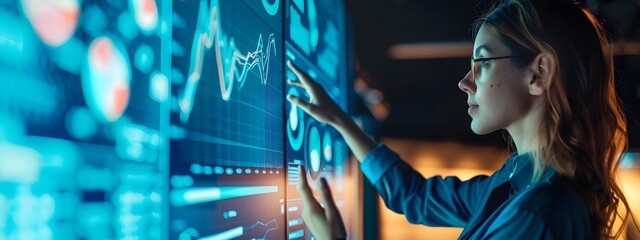 Female Business Professional Giving Presentation with Charts and Graphs on Large Screen