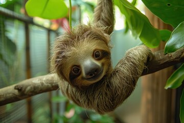 Fototapeta premium A baby sloth hanging upside down from a tree branch, with a slow and content expression. The background shows a tropical rainforest