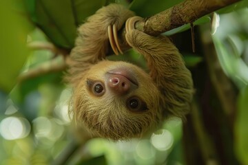 Obraz premium A baby sloth hanging upside down from a tree branch, with a slow and content expression. The background shows a tropical rainforest