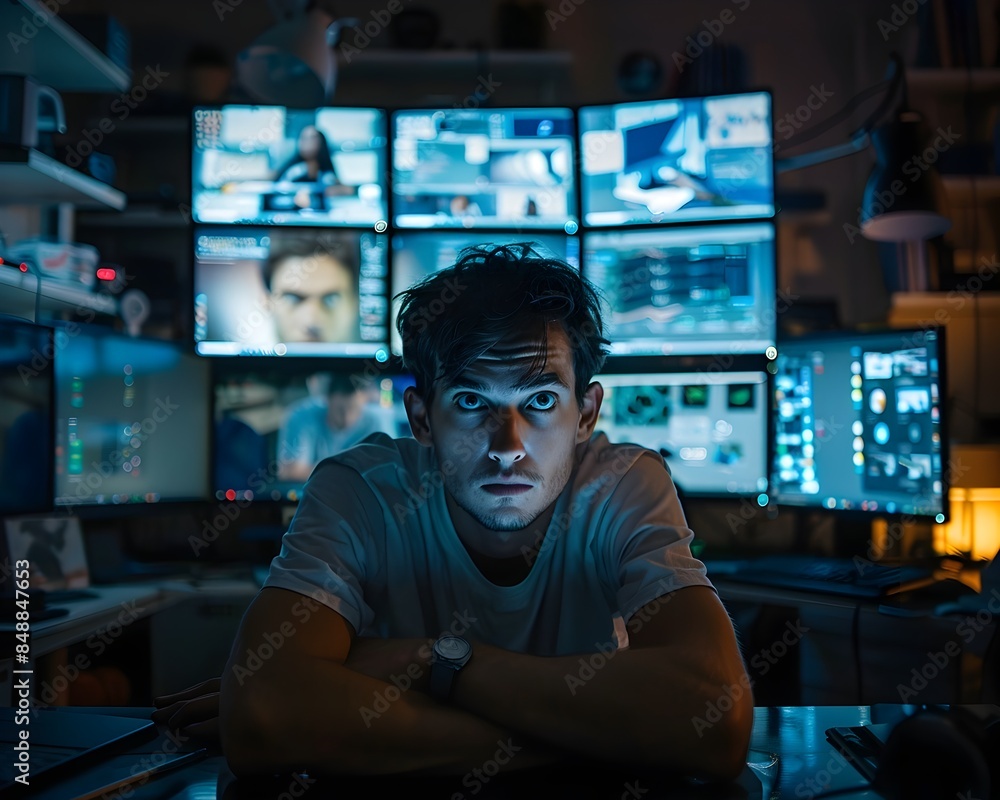 Poster hardworking programmer toiling late in dark room with multiple monitors showing signs of fatigue