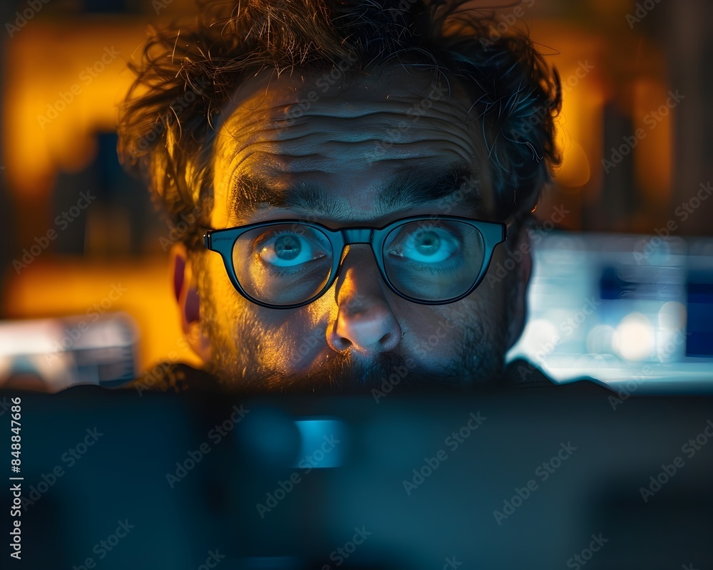 Poster overworked programmer burning midnight oil in dimly lit workspace