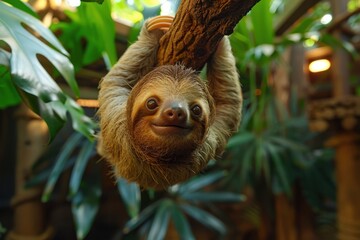 Obraz premium A baby sloth hanging upside down from a tree branch, with a slow and content expression. The background shows a tropical rainforest