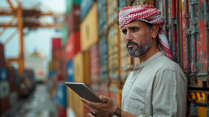 Fototapeta premium Business omani man using Tablet and Freight. the man should wear white kandoora dress.generative ai