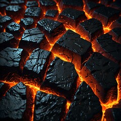 black surface with a matte texture consisting of geometric shapes with the borders crudely carved into the surface. a luminous orange light shines through the cracks and borders 