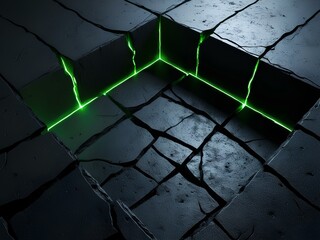 A crumbling black surface consisting of geometric shapes with borders crudely carved into the surface. a luminous green light shines through the cracks and borders on the surface.