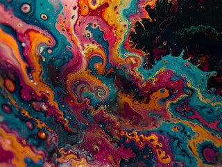 A surface with a reflective texture consisting of a swirl of vibrant bright colours.  abstract shapes with the borders merging into the atmosphere. the image is dimly lit as if set underground.