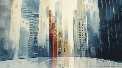 Downtown HighRise buildings minimalist painting, Abstract. Generative AI.