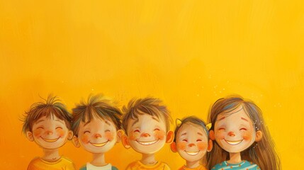 Flat illustration, horizontal banner. Holidays, end of school year. Smiling children on the yellow background. Free space for text, copy space