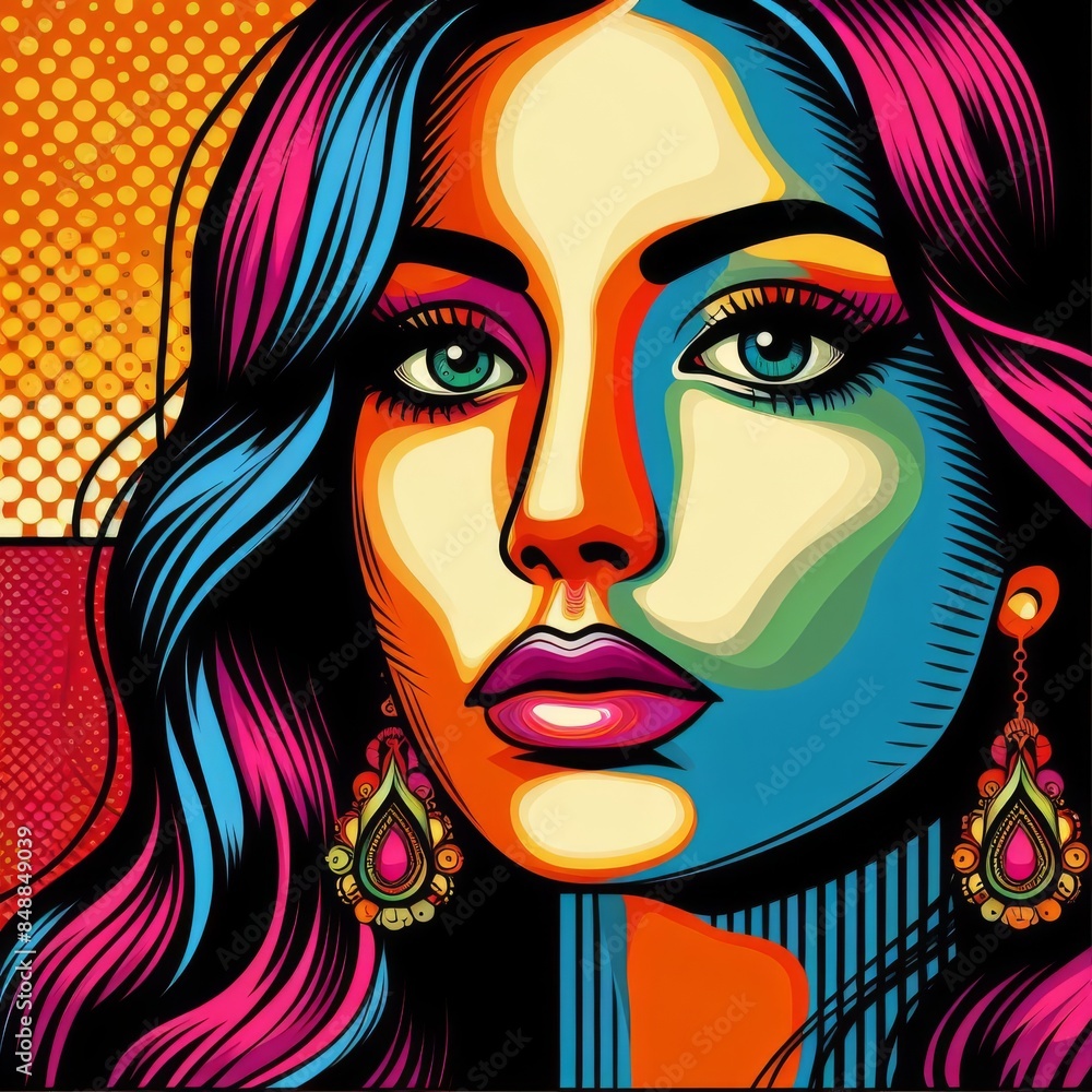 Poster bold and colorful pop art illustration of a woman's face, featuring striking details and vivid hues.