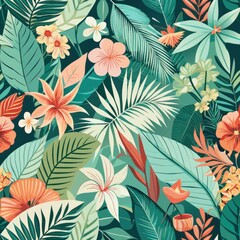 Seamless pattern of pastel tropical leaves and flowers in a lush jungle setting, transporting you to a tropical paradise, Generative AI